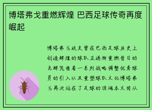 博塔弗戈重燃辉煌 巴西足球传奇再度崛起